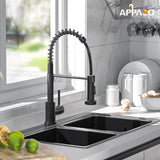 APPASO Wasserhahn Küche Schwarz, Hochdruck Küchenarmatur Schwarz mit Brause, Mischbatterie Küche mit 2 Strahlarten, Spültischarmatur für Küche 360° Drehbar | Edelstahl Mattschwarz